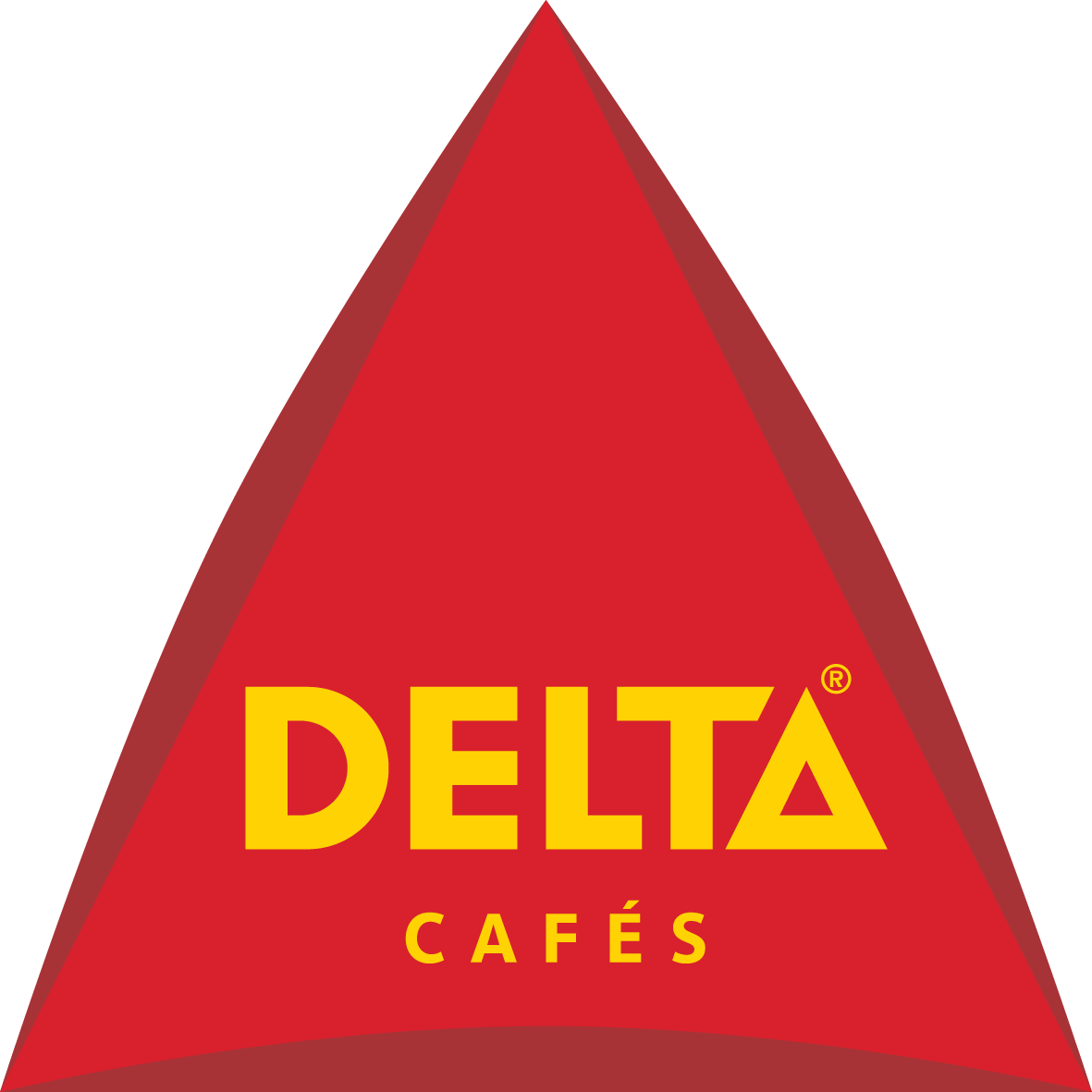 Red triangular coffee bag with yellow text that says 'DELTA CAFÉS'.