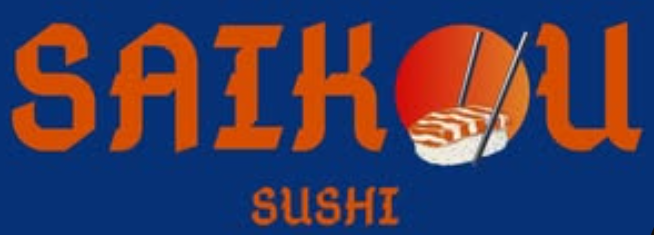 Logo for Saikou Sushi with stylized sushi roll and chopsticks above the text.