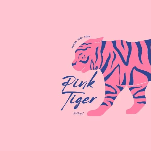 Pink tiger logo with blue stripes, text reading "Pink Tiger" and "Social Girl Club," on a pink background.