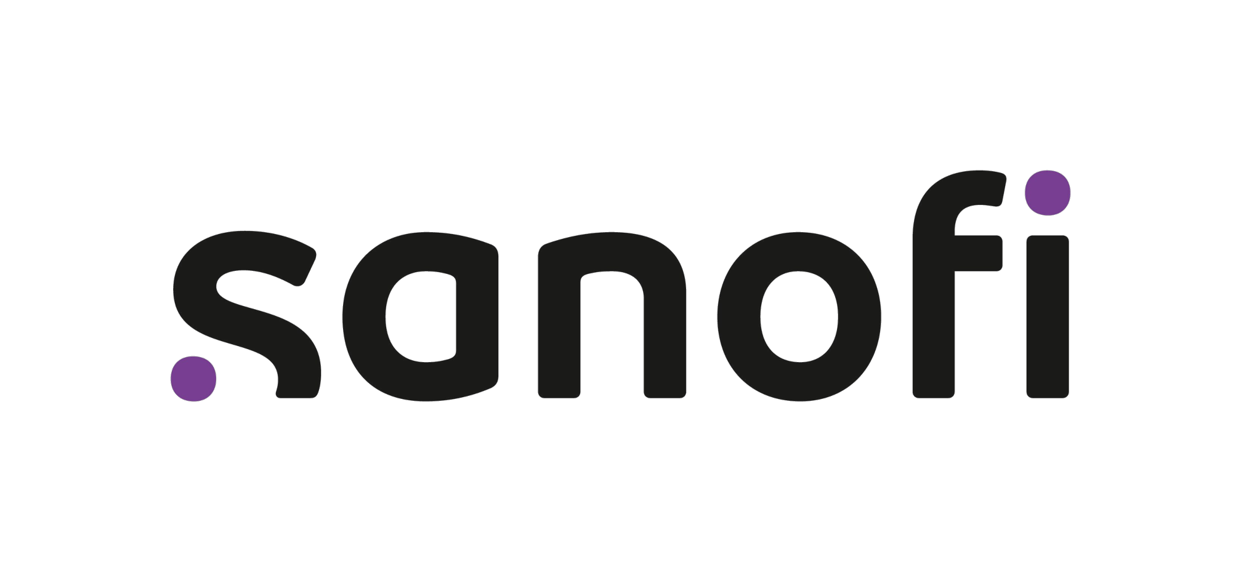 Sanofi logo in black with purple dots on the 's' and the 'i'