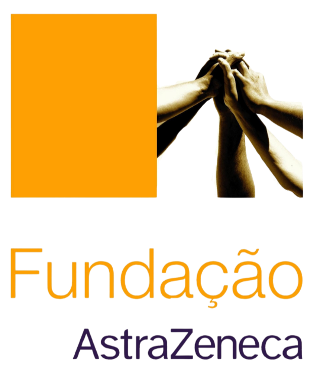Multiple hands stacked together in a show of unity against a black background. Below, the logos for "Unidade" and "AstraZeneca" are displayed.