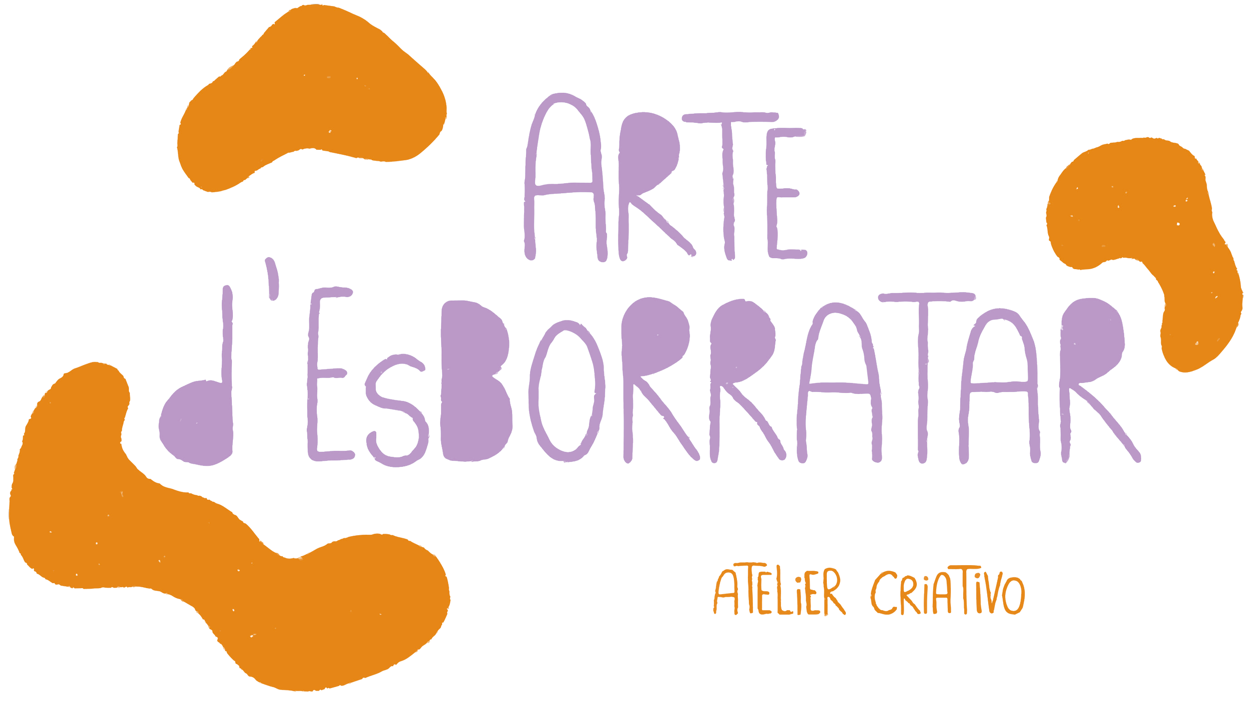 A colorful, artistic graphic with the words 'Arte Esboratar' in purple text and 'Atelier Criativo' in orange text, surrounded by orange abstract shapes, set against a black and white background.