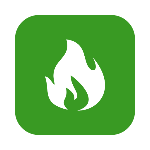 Green square icon with white fire symbol in the center.