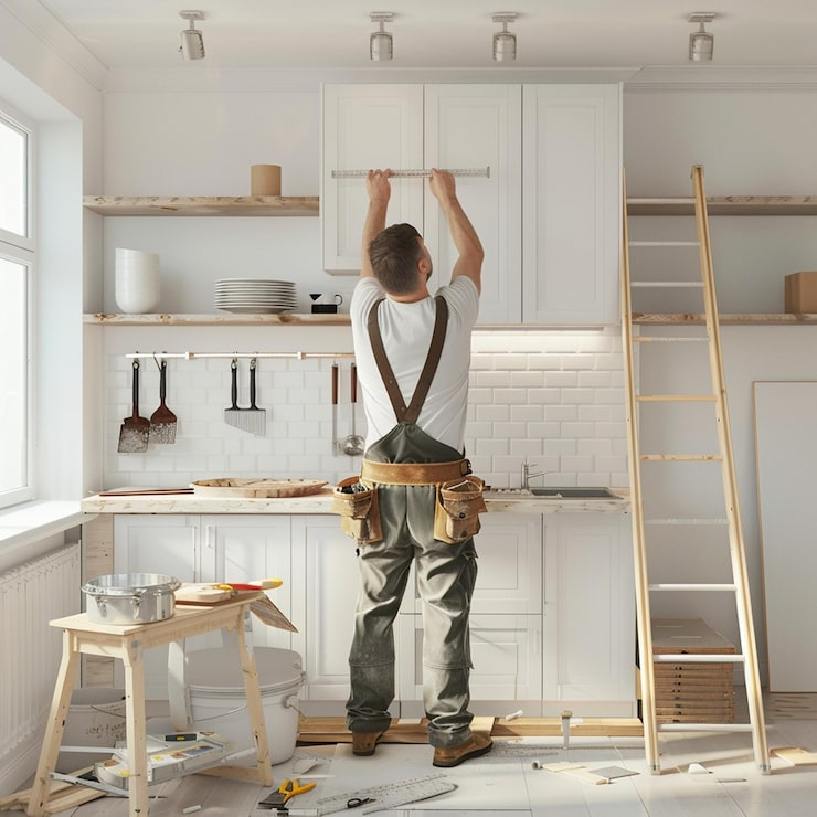 A man installing a cabinet in a modern kitchen with white cabinets and subway tile backsplash, using a level tool.