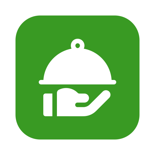 Icon of a hand holding a covered serving dish on a green background.