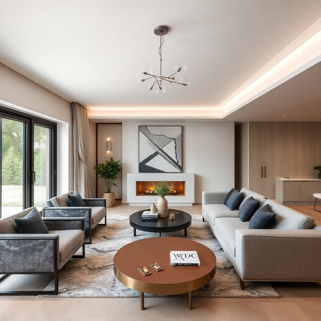 Modern living room with a white fireplace, gray sofas with blue cushions, a round wooden coffee table, a black round coffee table, large windows with beige curtains, a contemporary chandelier, a large abstract wall art, potted plant, and a textured area rug.