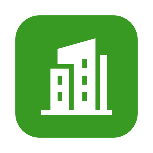 Green app icon with white abstract building silhouette.