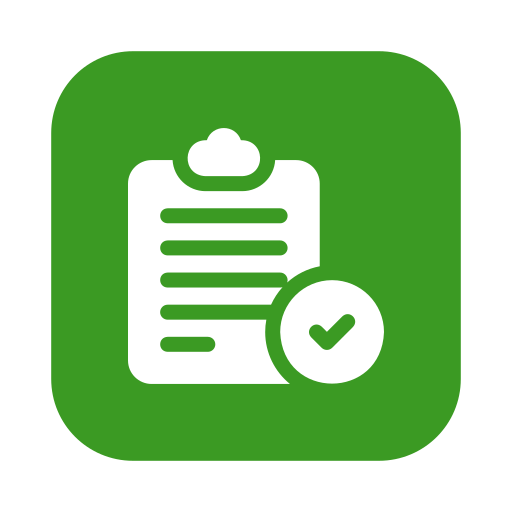 Green app icon with a white clipboard and a checkmark in a circle