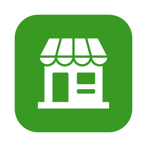 Icon of a small storefront with an awning on a green background.