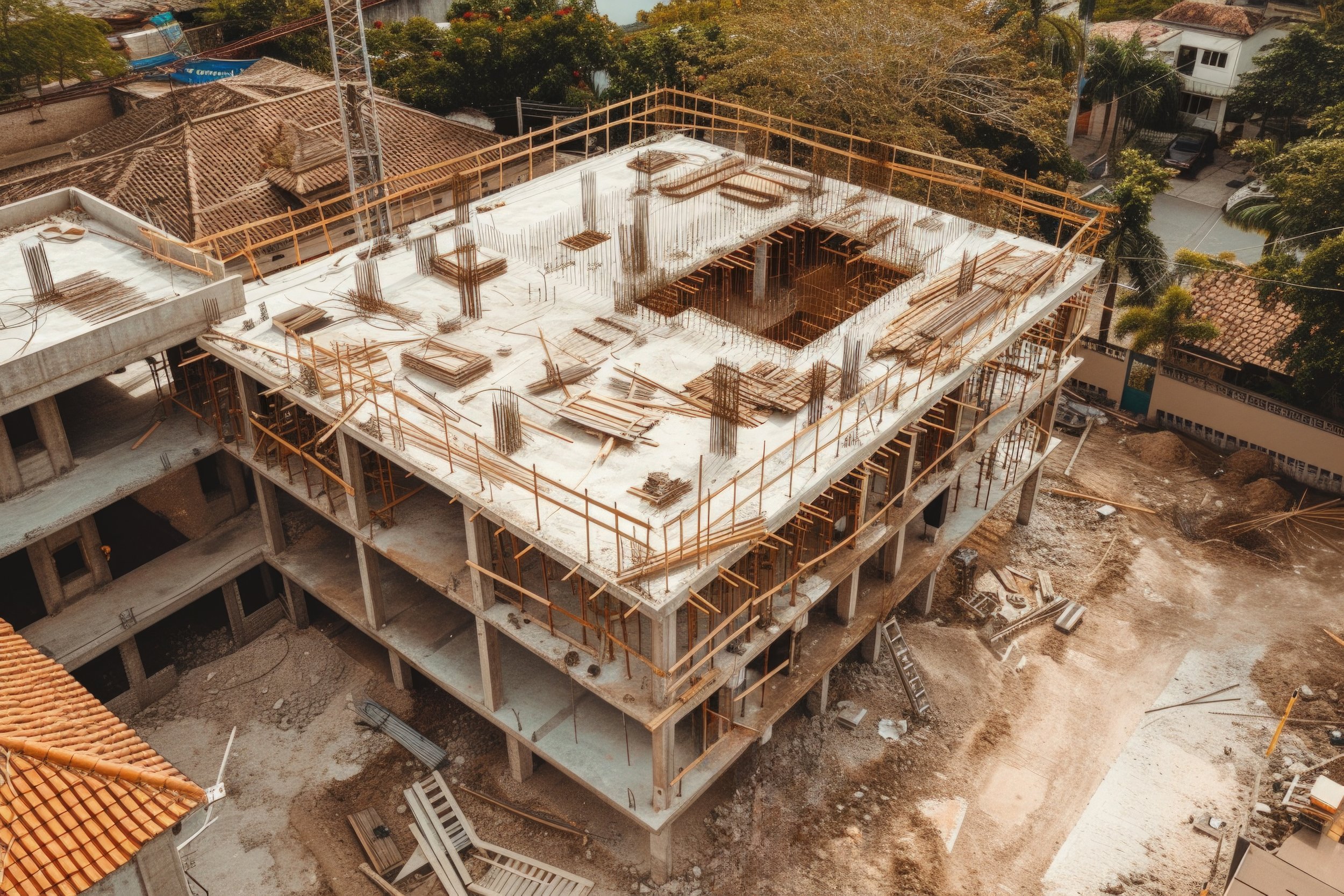 Aerial view of a multi-story building under construction with exposed concrete floors and steel reinforcement bars, surrounded by construction materials and equipment, with neighboring houses and trees in the background.