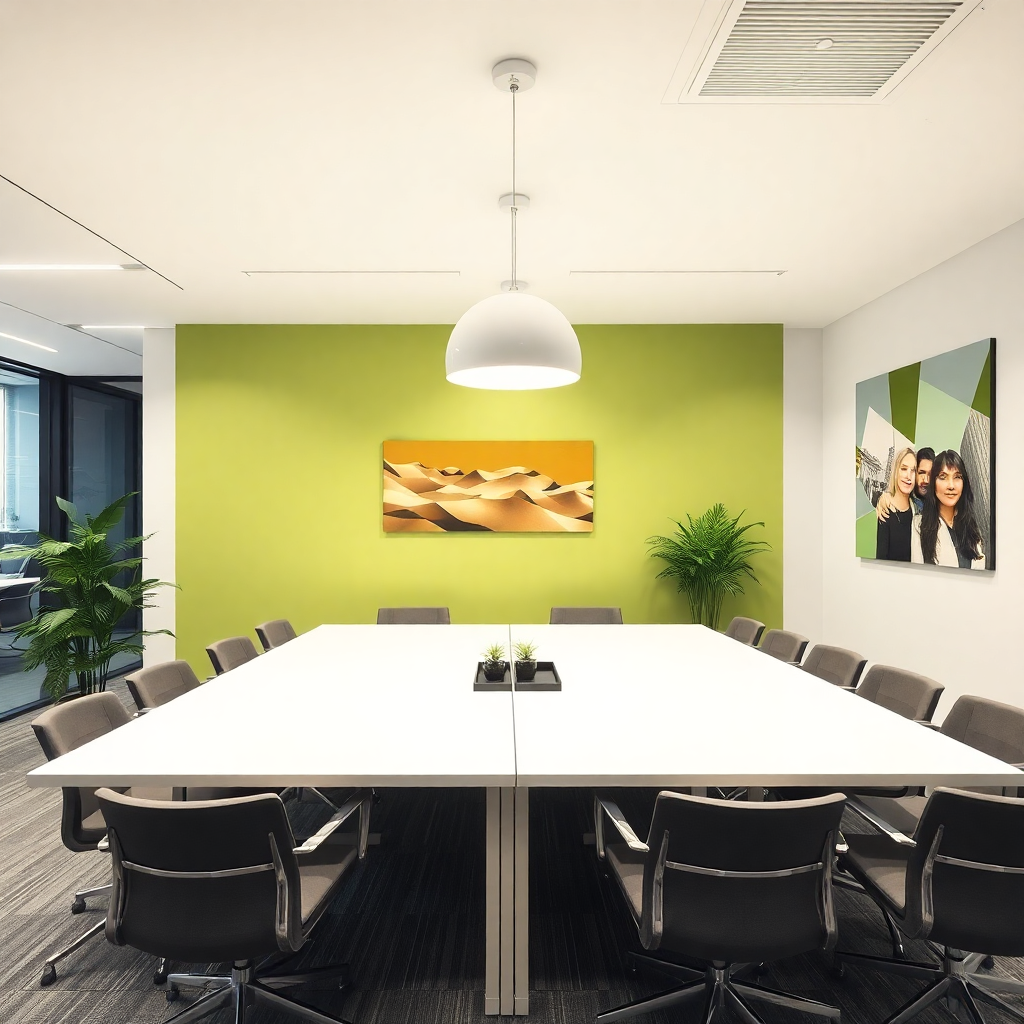 A modern conference room with a long white table, surrounded by black office chairs. The room has a green accent wall with framed artwork and two potted plants, one on each side. There is a ceiling light hanging over the table.