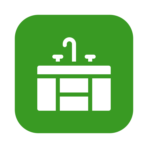 Icon of a white bathroom sink with two faucets on a green background.