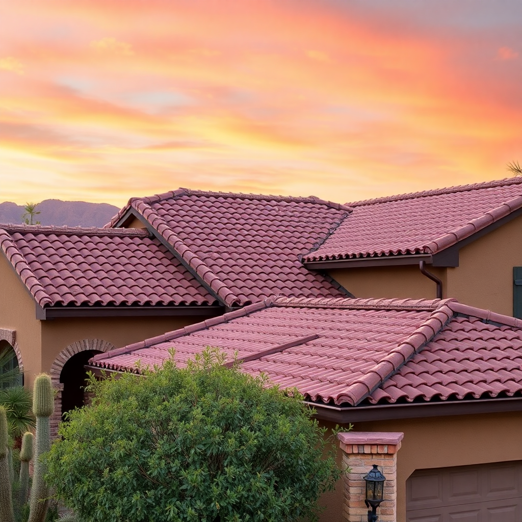 A house with red-tiled roof and beige exterior walls during a colorful sunset.