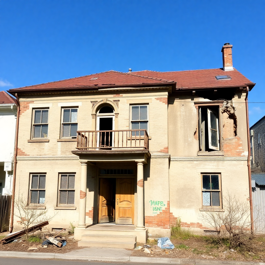 Old, abandoned two-story house with damaged exterior, missing window, graffiti on the wall, and overgrown yard.