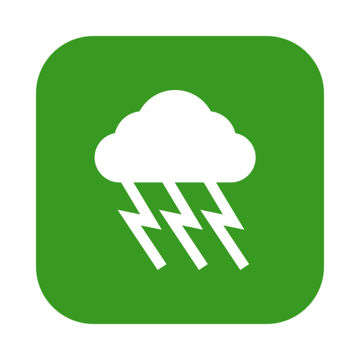 Weather warning icon with a cloud and lightning bolts on a green background.