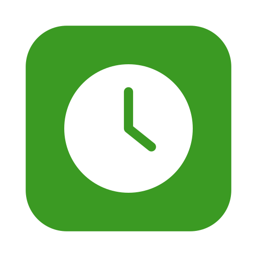 Green clock icon with white clock face showing the time as 3:00.