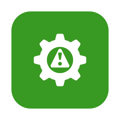 A green app icon featuring a white gear with an exclamation mark inside a warning triangle in the center.