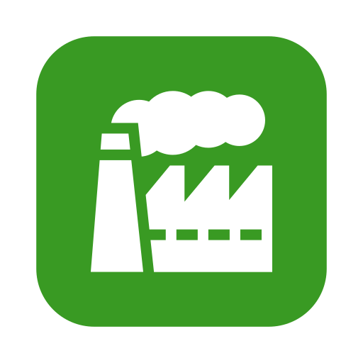 Green environmental icon of a factory emitting smoke.