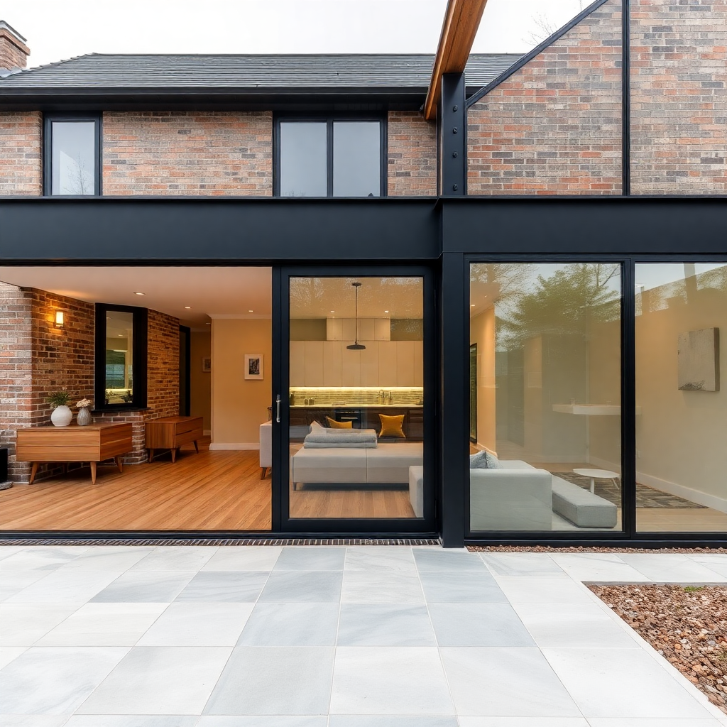 Modern house with brick exterior, large glass sliding doors, and indoor living room visible through the glass, featuring a white sofa and wooden flooring.