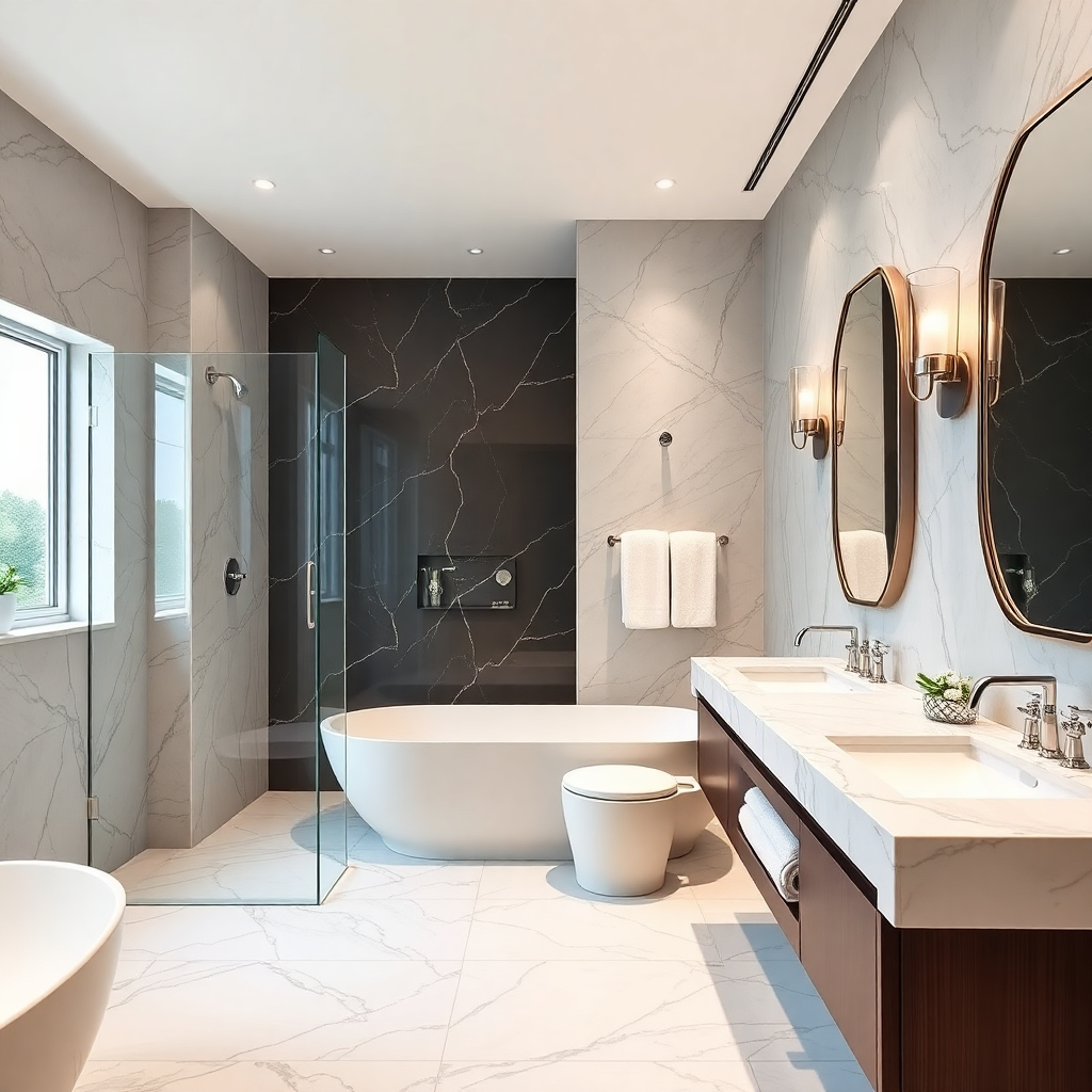 Modern bathroom with marble walls and floor, a glass shower enclosure, a freestanding bathtub, a toilet, a double vanity with two mirrors and wall-mounted lights, and a small potted plant.