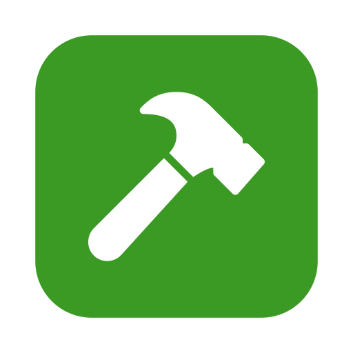 White hammer icon on a green background.