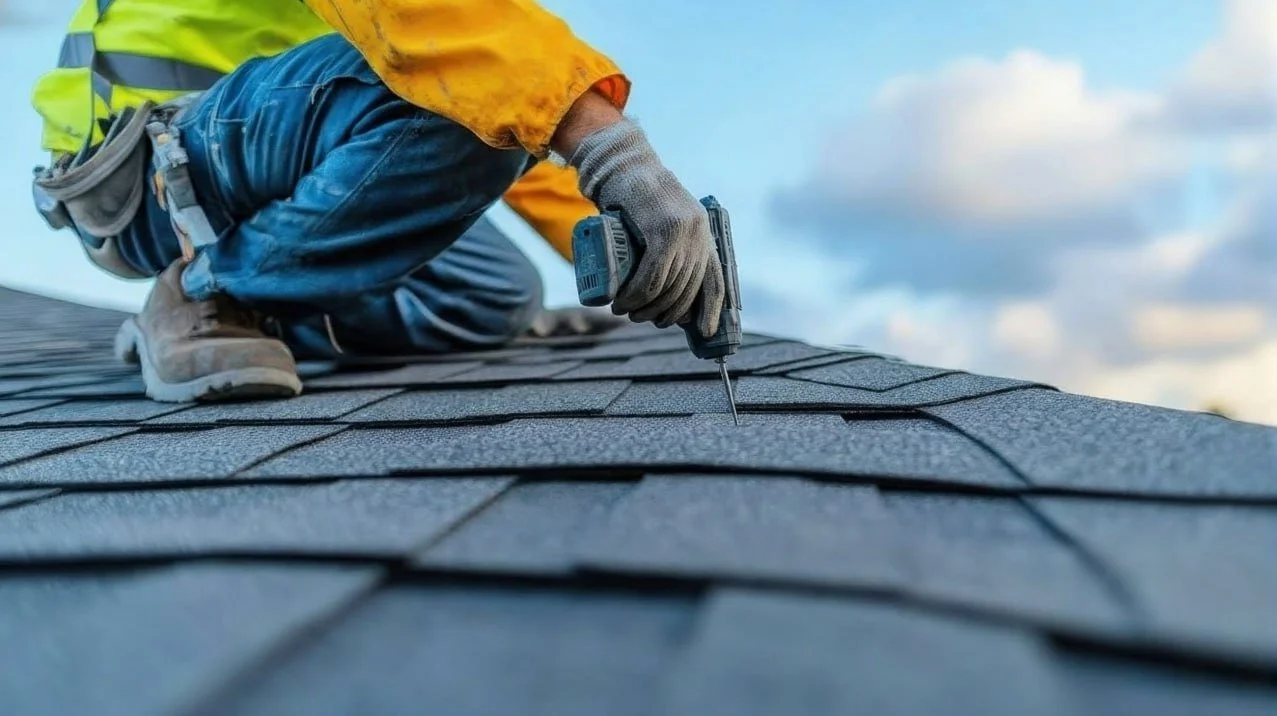 Two construction workers wearing white helmets installing a metal roof on a wooden house. They are working on a sloped section of the roof, with tools and equipment nearby on a wooden scaffold.