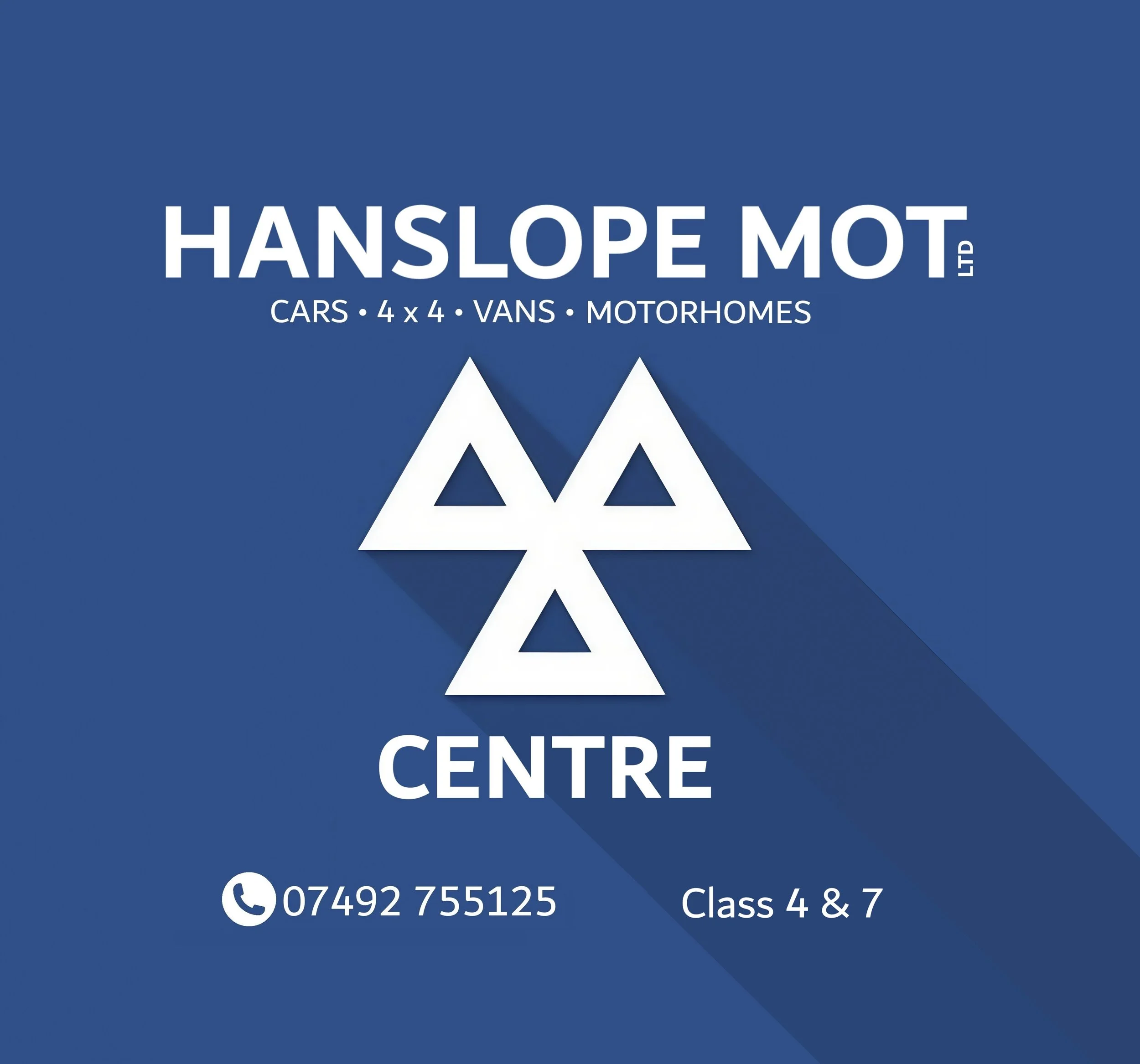 Hanslope MOT Centre logo with MOT symbol and contact details