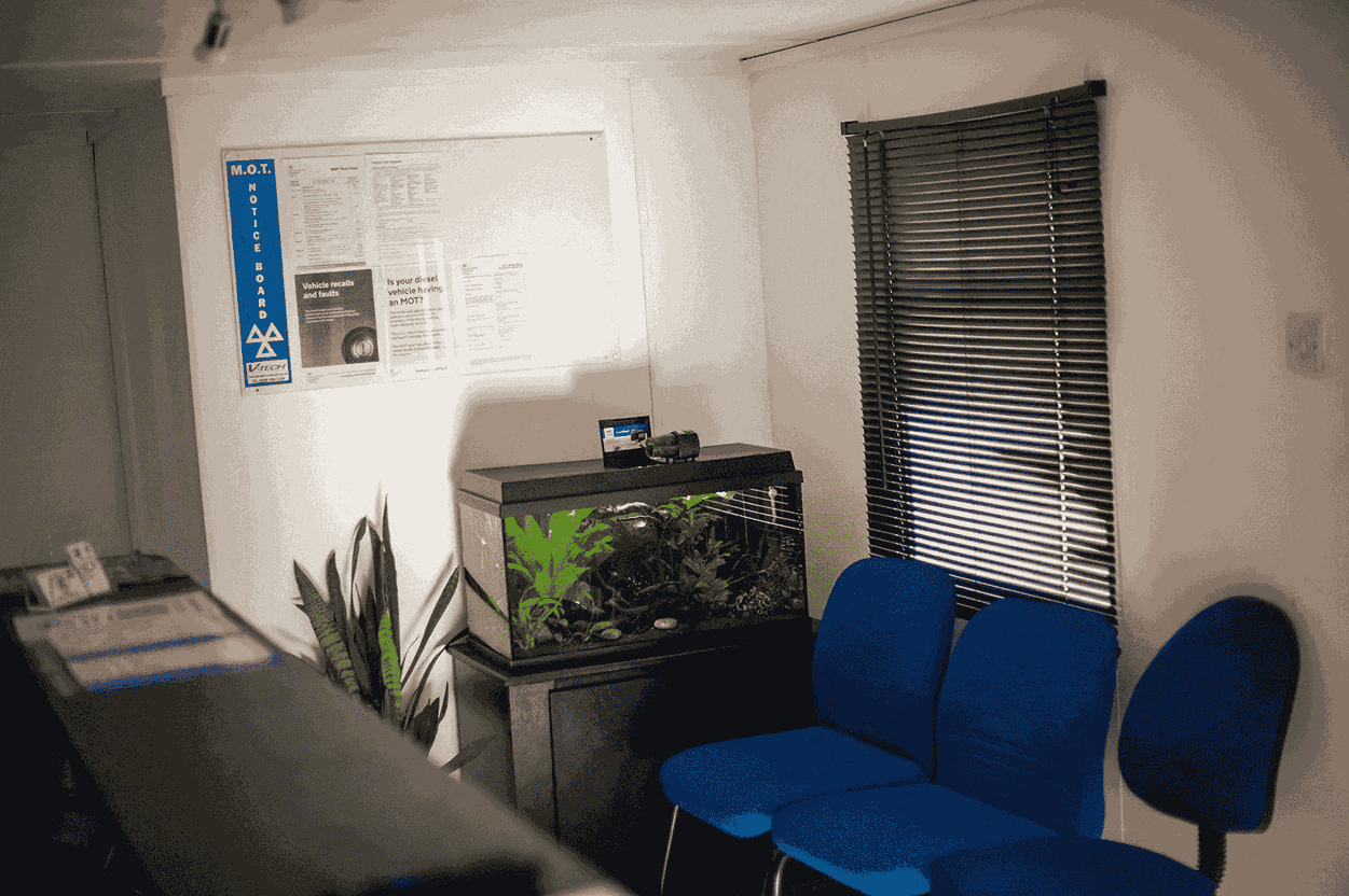 Different angle of waiting room at Hanslope MOT Centre