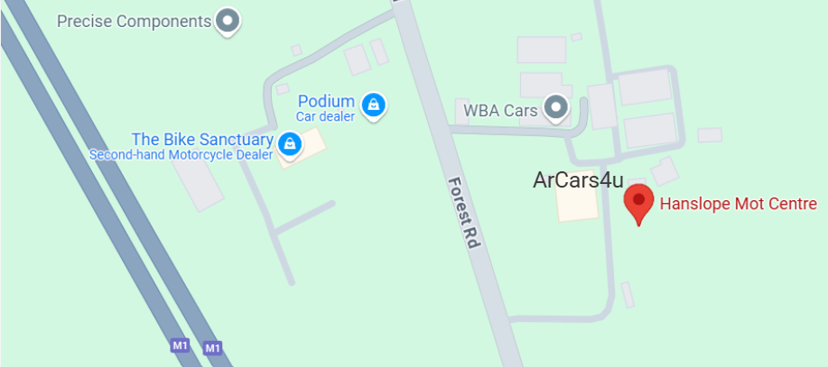 Map showing businesses along Forest Rd, including Hanslope Mot Centre, ArCars4u, WBA Cars, Podium Car Dealer, The Bike Sanctuary, and Precise Components.
