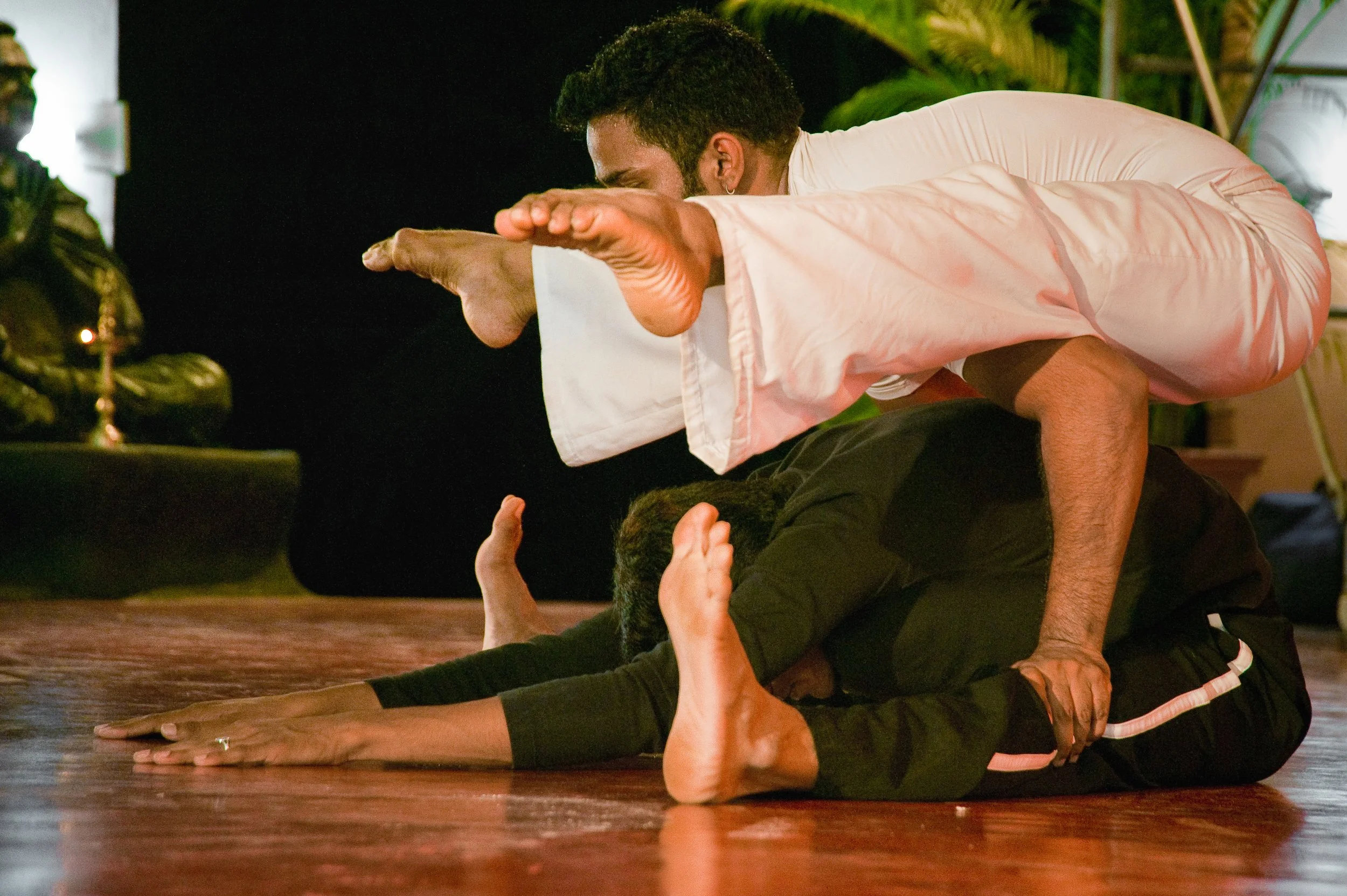 A person in black clothing practicing yoga or meditation with another person in white clothing assisting or guiding, both on a wooden floor indoors, surrounded by plants.