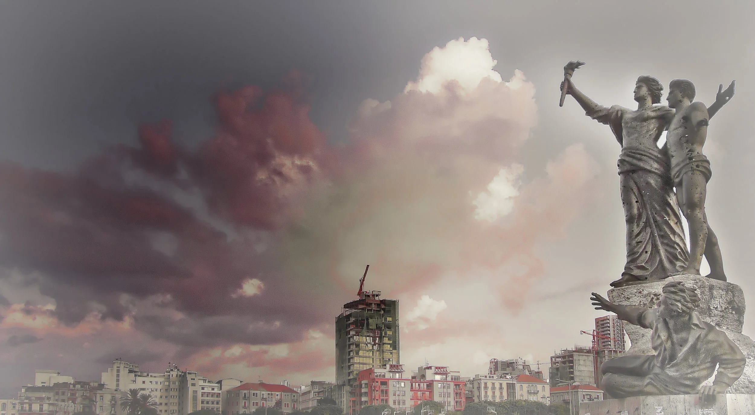 A cityscape featuring a prominent statue of two women, one holding a hammer and the other standing with arms outstretched, with numerous buildings and a construction crane in the background under a partly cloudy sky.
