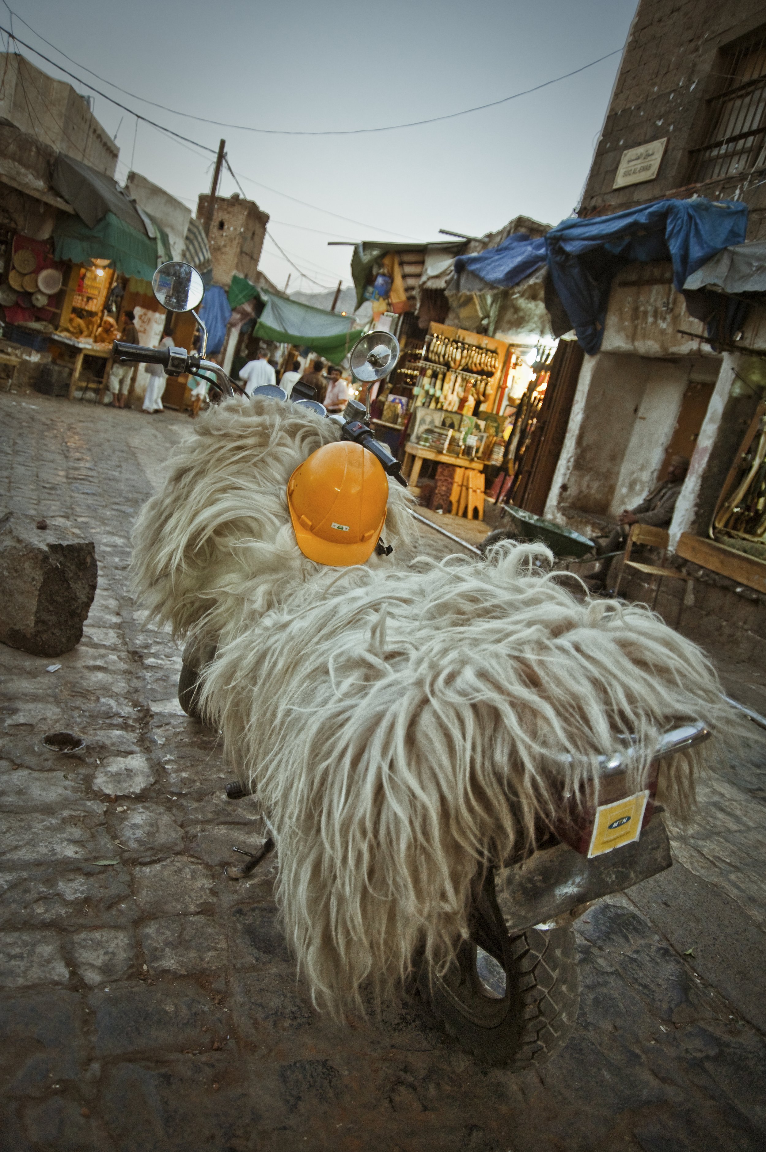 A dog with long, shaggy fur sitting on a cobblestone street with a yellow construction helmet and headphones, in a marketplace with shops and vendors in the background.
