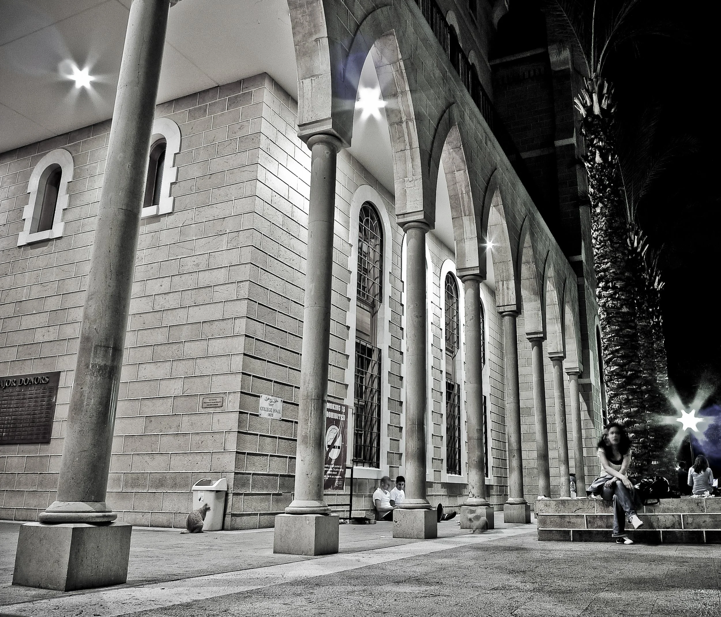 Night scene of a building with stone walls and tall arched windows, supported by columns with lights illuminating the area. There are people sitting on the steps and walking nearby, and a tall palm tree is visible on the right side.