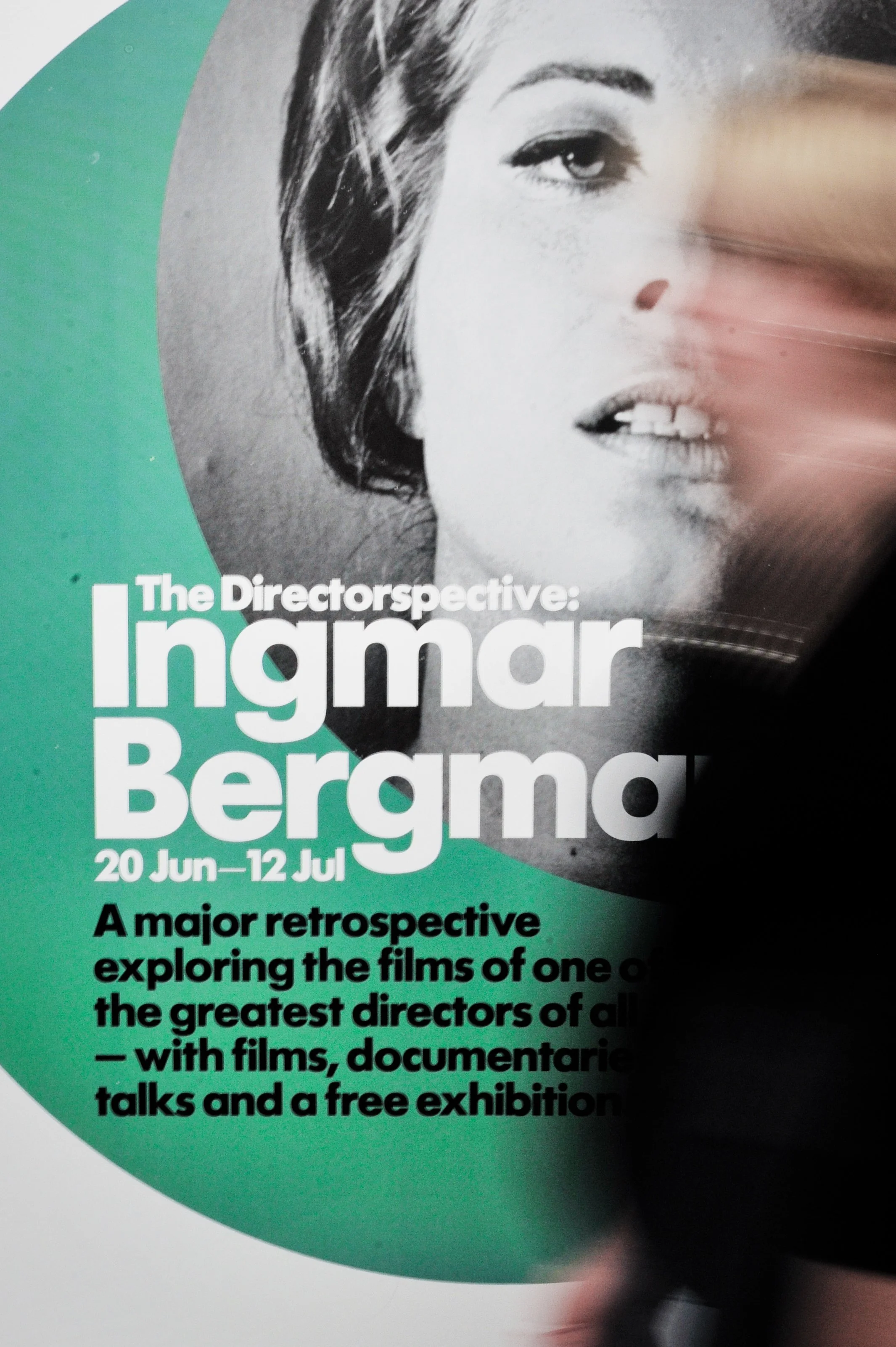Poster advertising an exhibition about Ingmar Bergman, with dates from June 20 to July 12, featuring films, documentaries, talks, and a free exhibition.