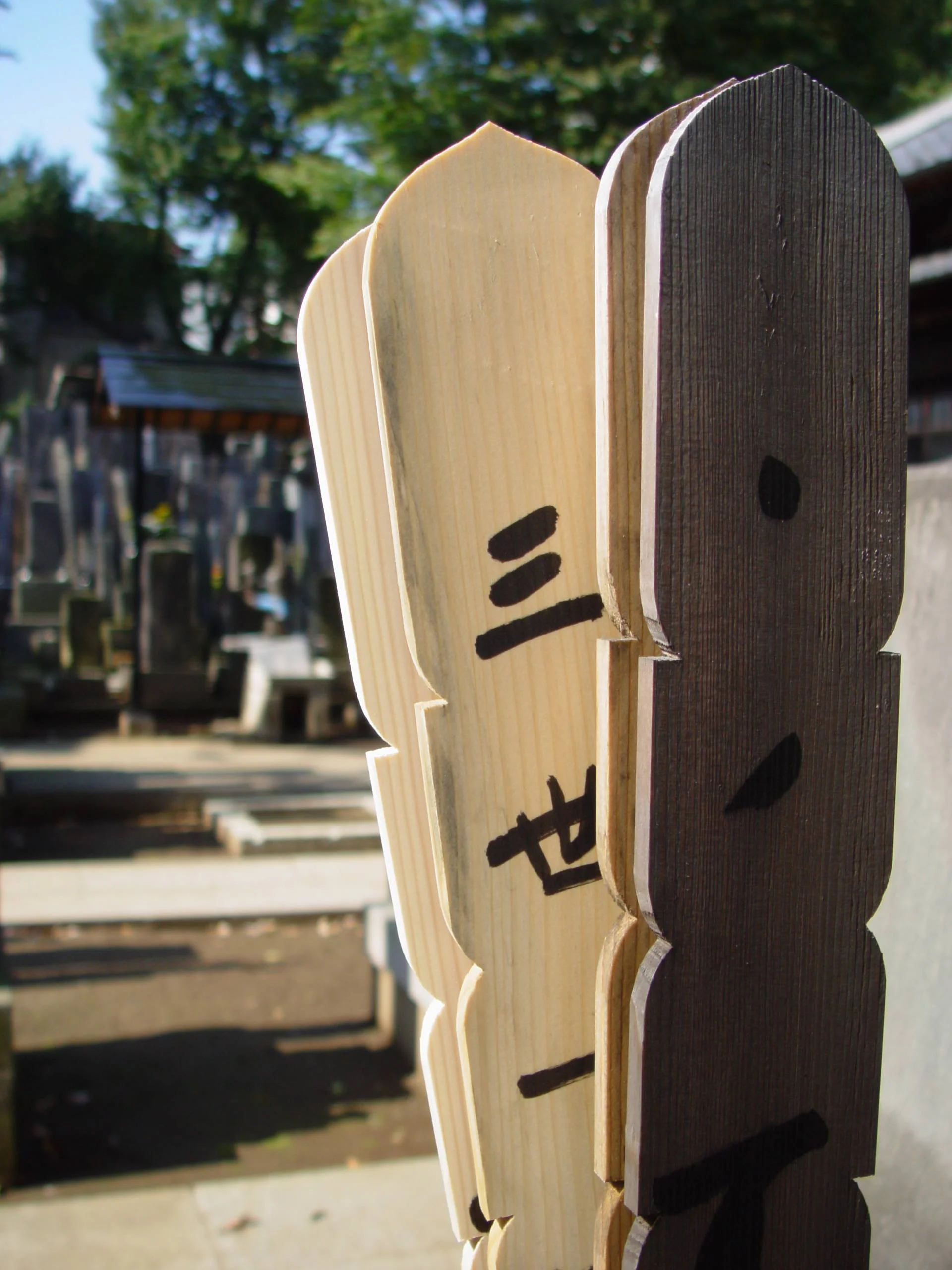 Vertical wooden boards painted with Japanese characters, outdoors.