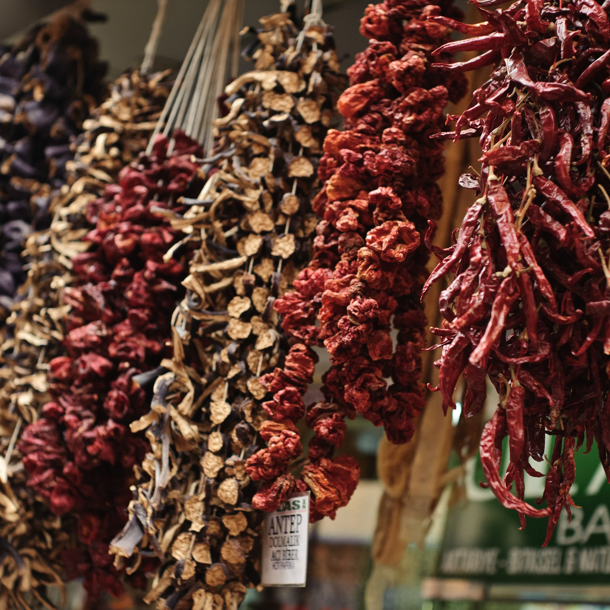 Hanging bunches of dried red, brown, and purple peppers.