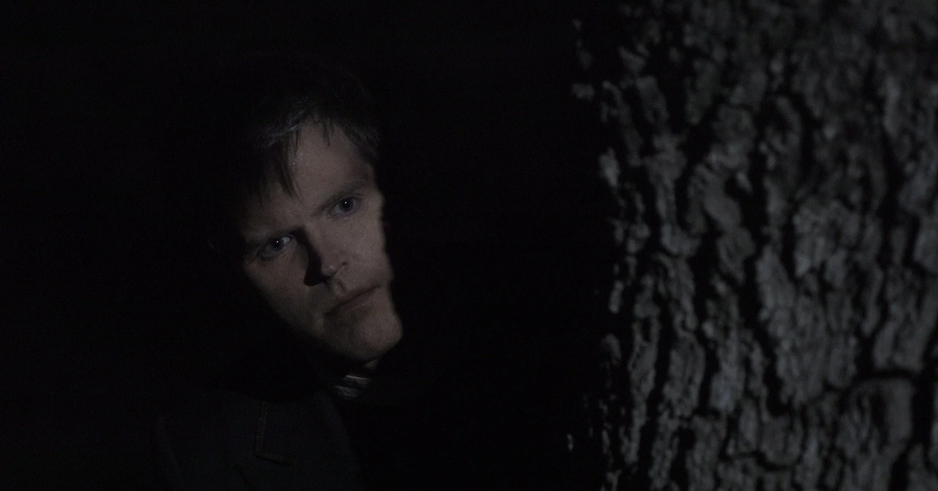 A man with short dark hair and fair skin looking intently at the camera in a dark environment with a tree trunk in the foreground.