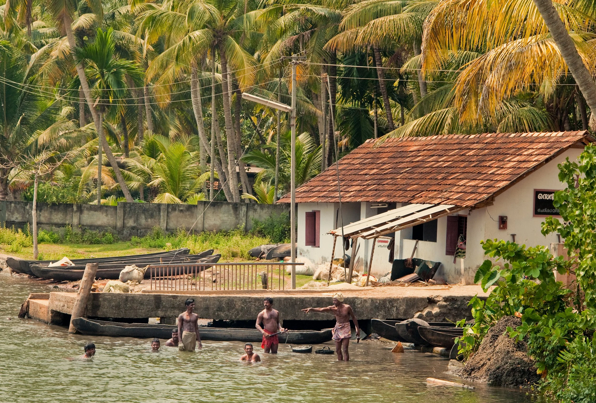 A riverside scene with five men swimming and standing in the water near a concrete dock in front of a small house with a red-tiled roof. There are palm trees in the background and several boats are docked along the riverbank.