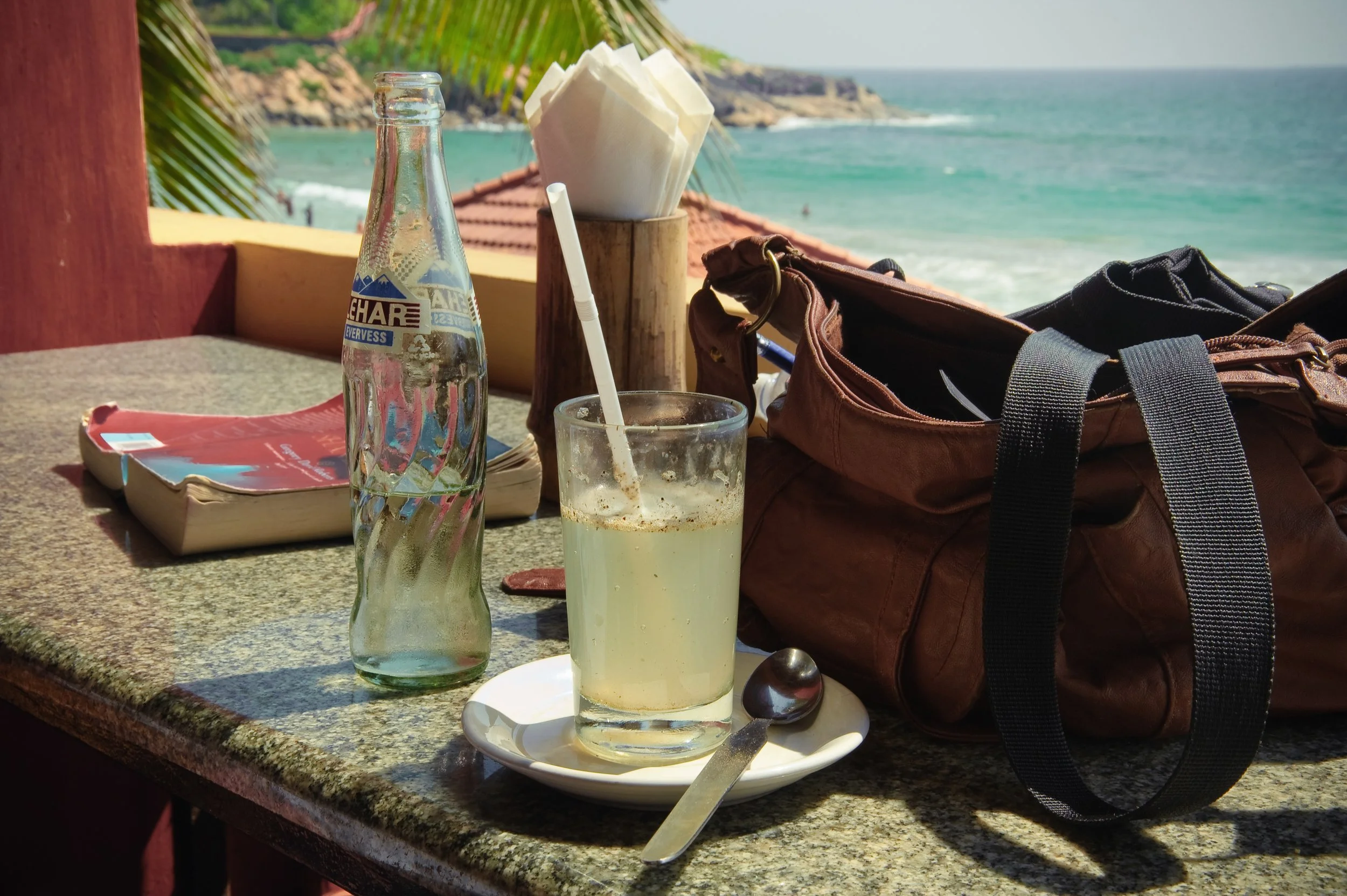 Beachside table with a glass of lemonade, a bottle of water, a spoon on a saucer, a brown bag, a napkin holder, and a book, overlooking the ocean with waves and rocky coastline in the background.