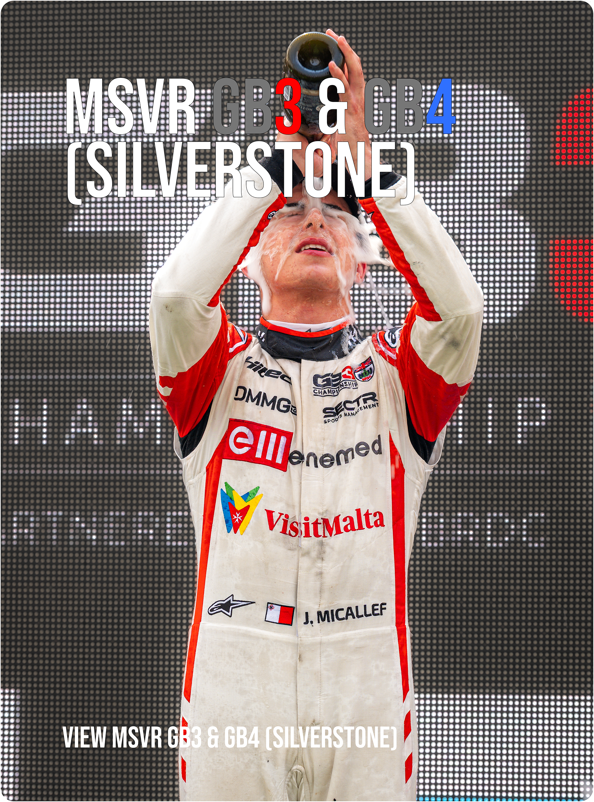 A race car driver in a beige racing suit celebrating on the podium, pouring champagne over his head, with a digital screen behind him, and text overlay indicating options for viewing MSVR GB3 and GB4 Silverstone racing images.