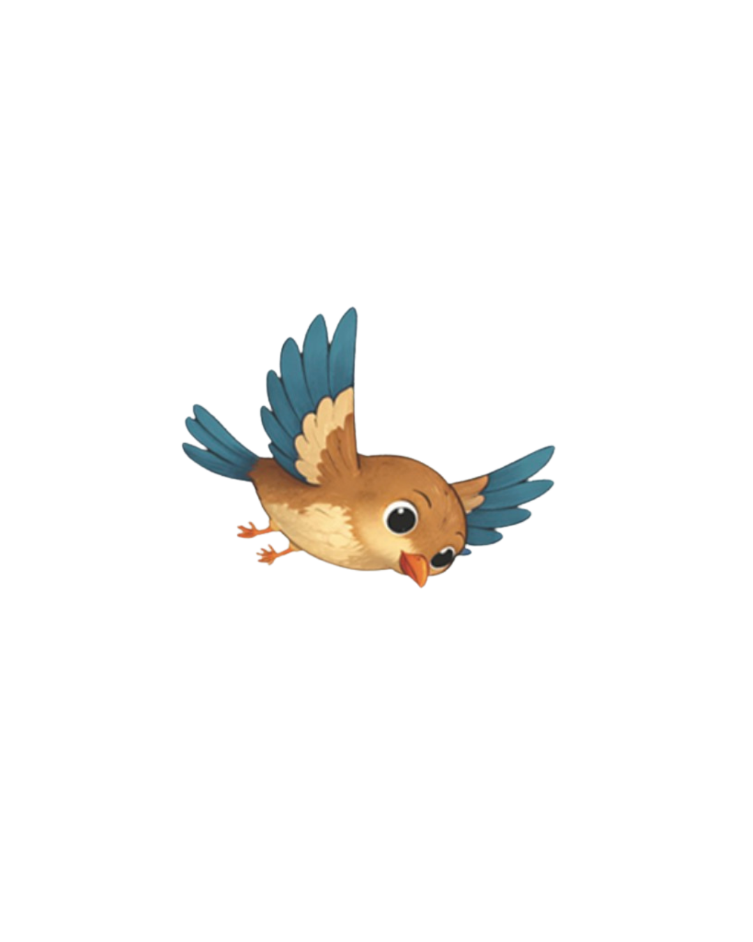 Animated bird with brown body, blue wings, and large eyes flying.