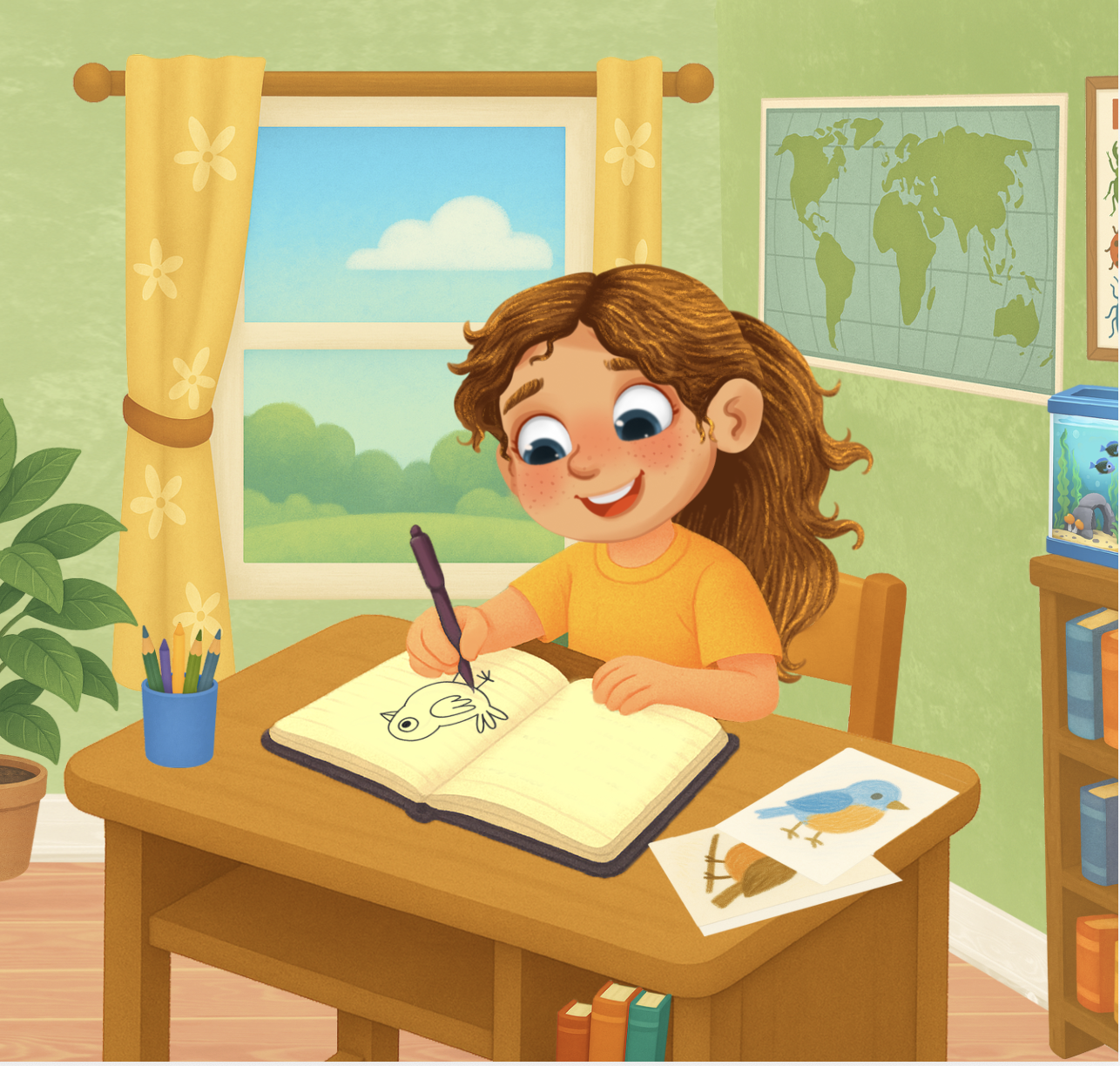 A young girl with curly red hair, wearing a yellow shirt, sits at a wooden desk drawing a bird in her notebook. There are colored pencils in a blue cup, and pictures of birds on the desk. The room has a green wall, a window with yellow curtains, a plant, a world map on the wall, and a fish tank.