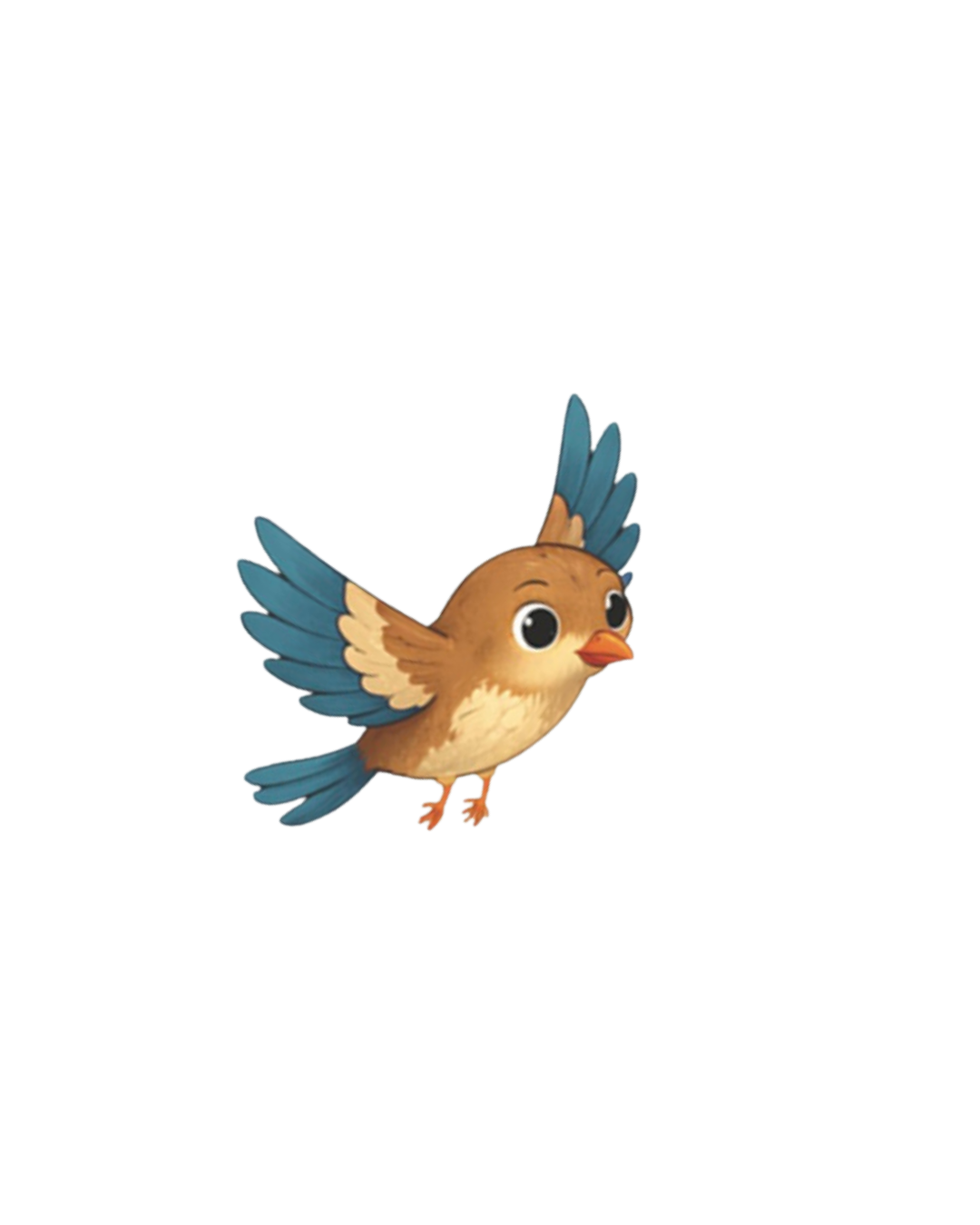 Animated cartoon bird with brown body, blue wings, and large eyes flying with wings spread.