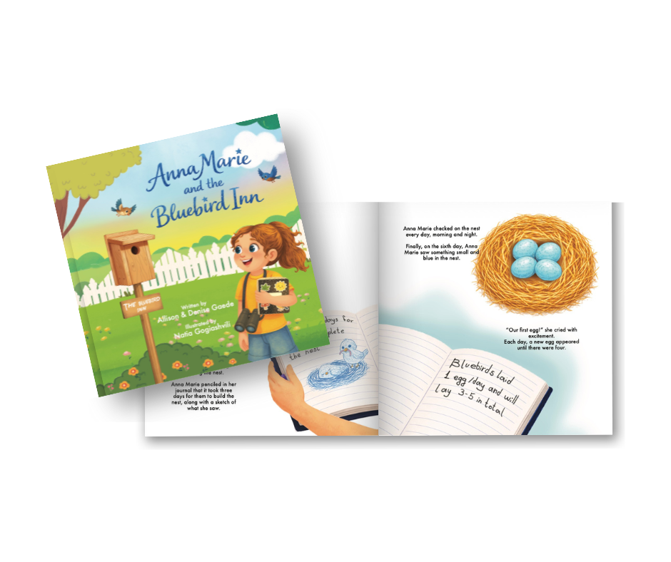 Children's storybook titled "Anna Marie and the Bluebird Inn" with illustrations of a girl, a birdhouse, and a nest with blue eggs.