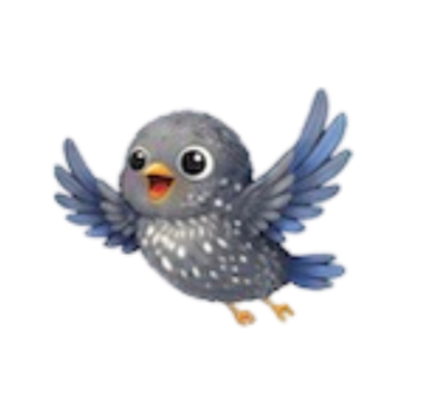 Cartoon baby bird with gray feathers, large eyes, open beak, and blue wings.