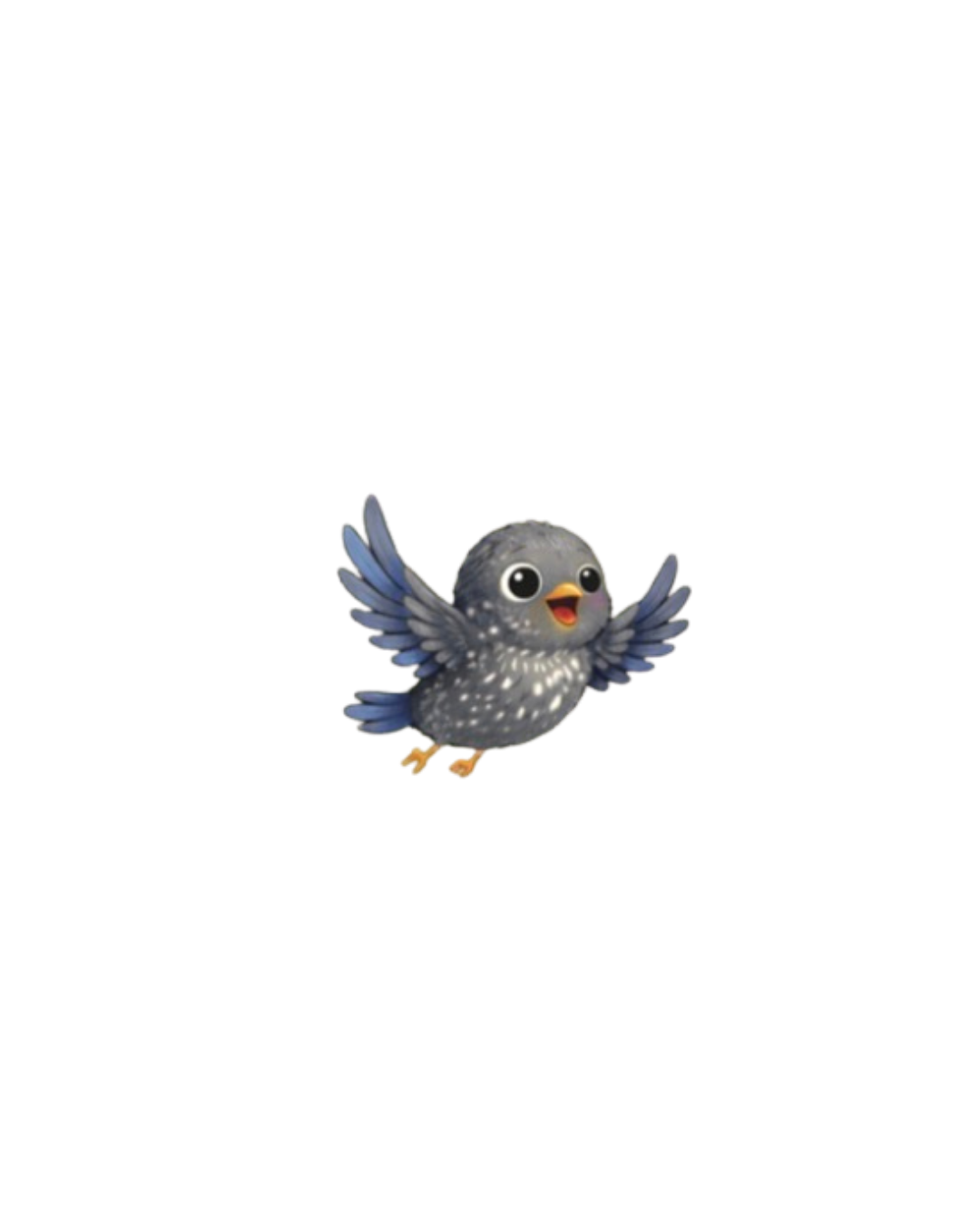 A cute animated bird with a round gray body, white speckles, big eyes, and an open beak flying with wings spread wide.