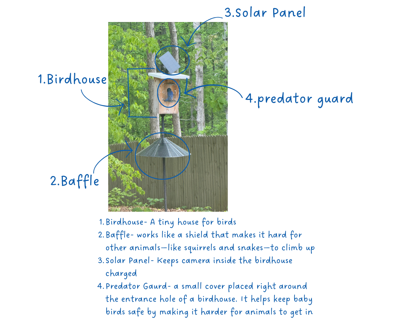 Diagram of a bluebird nest box showing baffle, solar panel, and predator guard