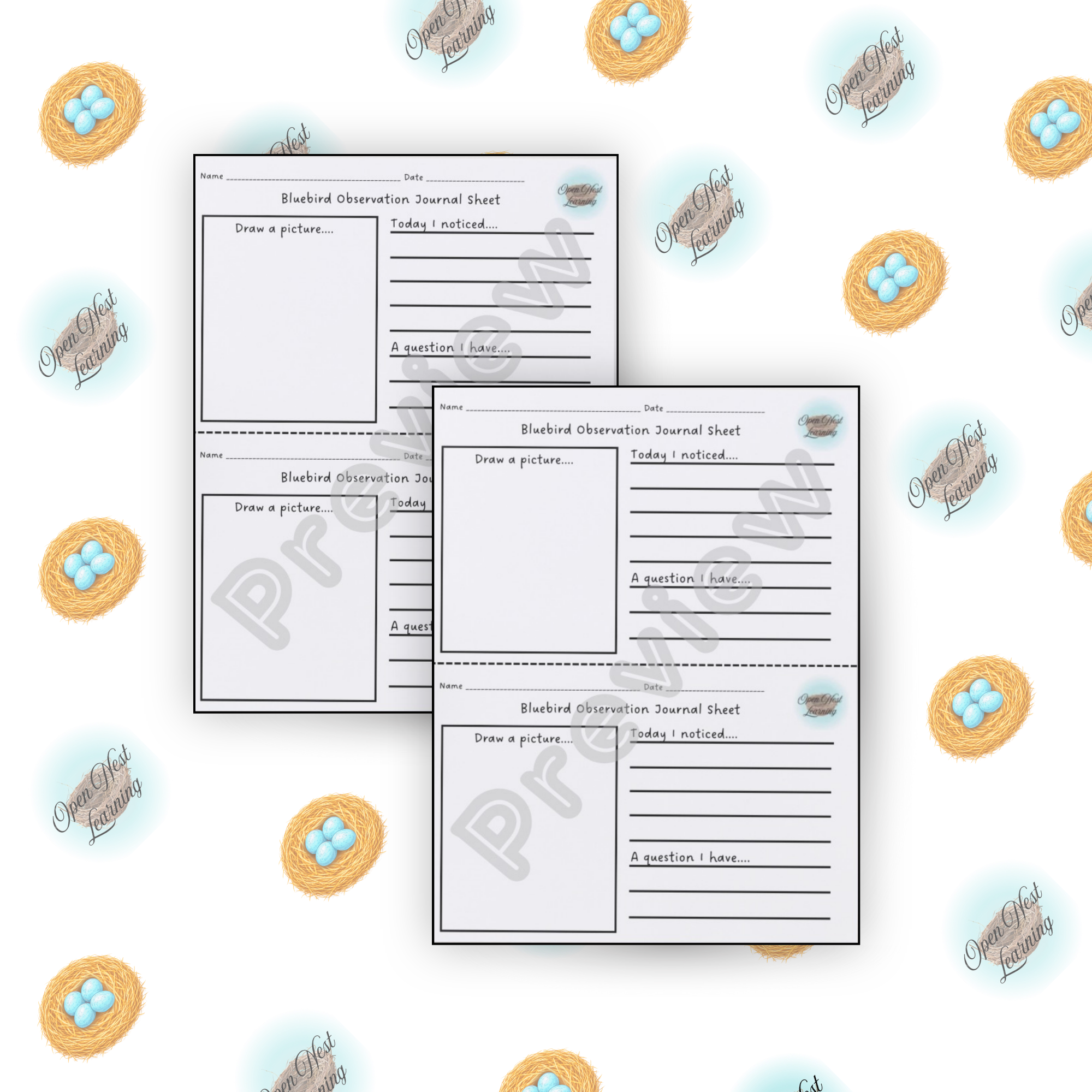 A patterned background featuring nests with blue eggs and the words 'Open Nest Learning'. In the foreground, there are two observation journal sheets titled 'Bluebird Observation Journal Sheet' with spaces for the student's name, date, drawing a picture, and writing notes or questions.