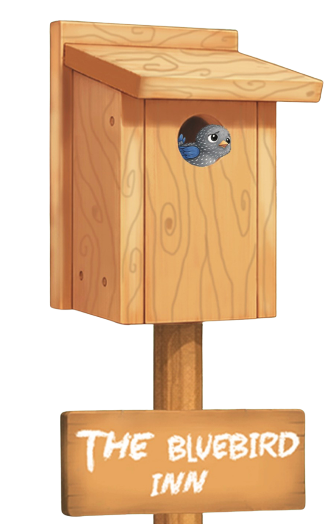 Wooden birdhouse with a small blue and black bird sitting in the entrance, and a sign that reads "The Bluebird Inn".