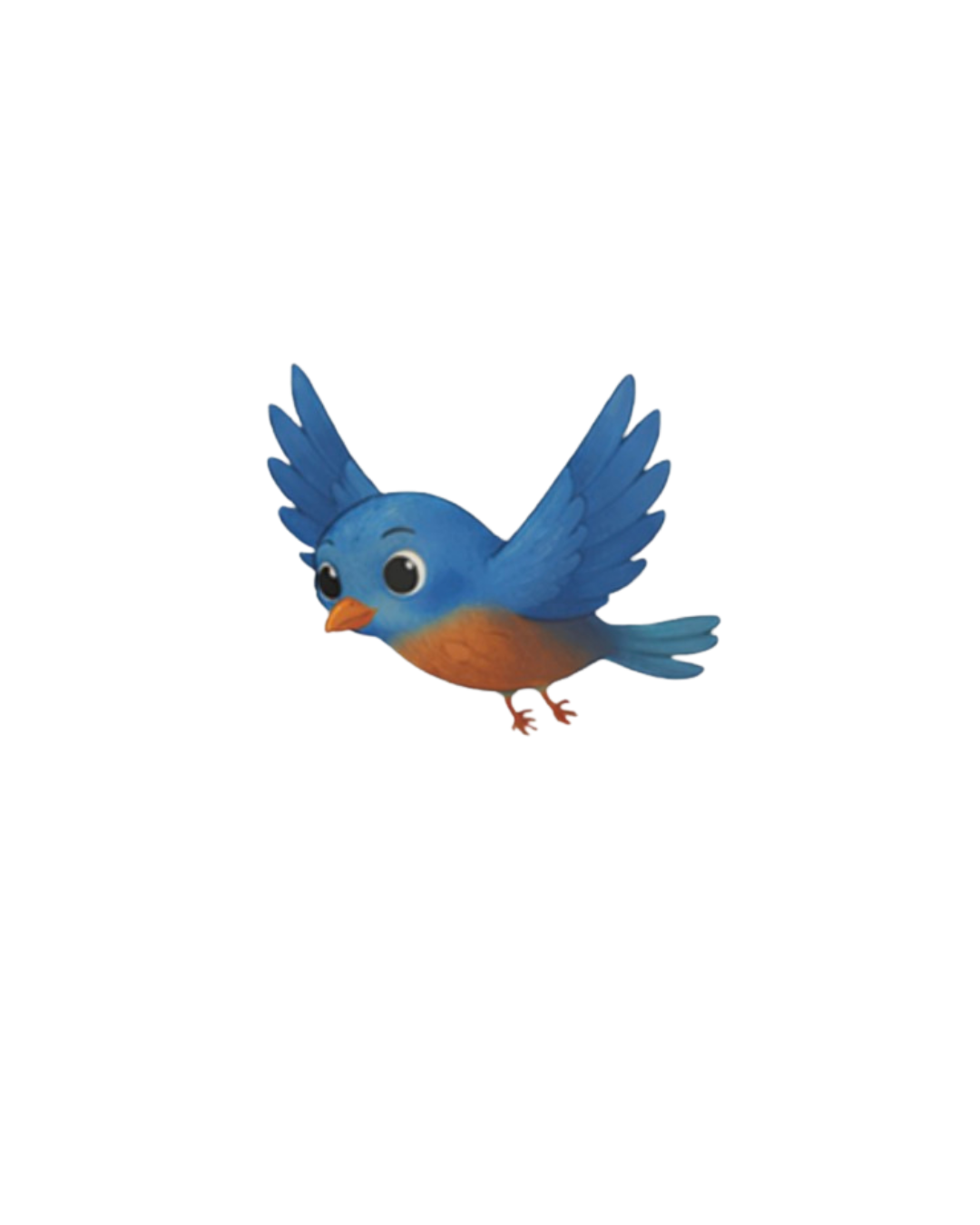 Cartoon animated blue bird with big eyes, orange beak, and orange belly flying with wings spread